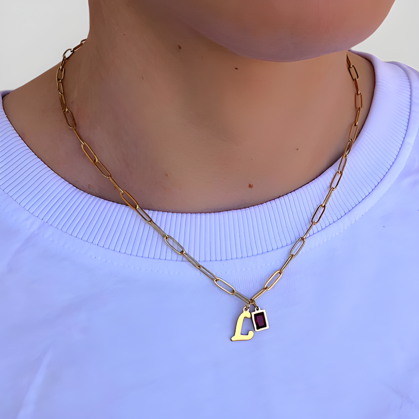 Garnet Initial Paperclip Necklace