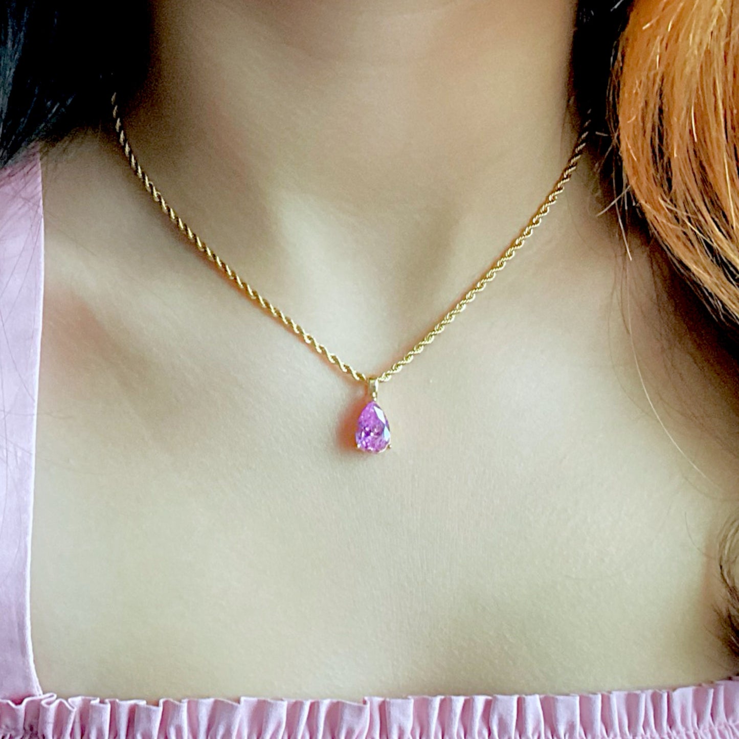 Rose Quartz Gemstone Water Drop Necklace