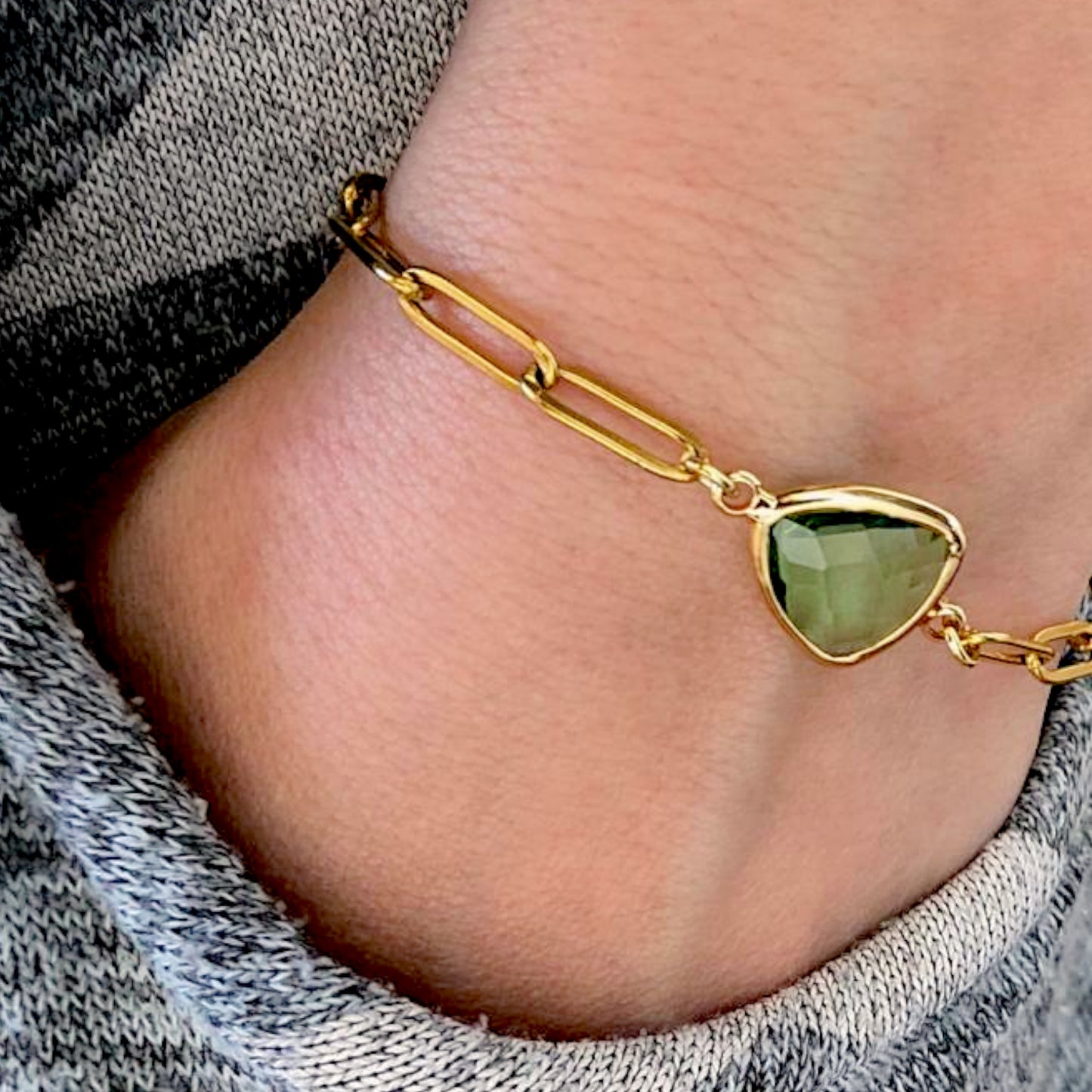 Peridot Birthstone Paperclip Bracelet