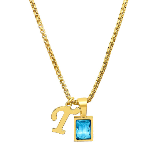 Blue Topaz Birthstone Initial Charm Necklace